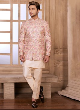 Peach Thread Embroidered Silk Jacket Style Indowestern Set