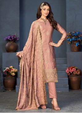 Peach Vichitra Silk Embroidered Dress Material