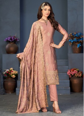 Peach Vichitra Silk Embroidered Dress Material