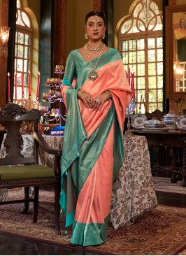 Peach And Turquoise Festive Wear Kanjivaram Silk Saree