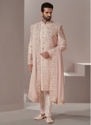 Peach Wedding Embroidered Sherwani Set