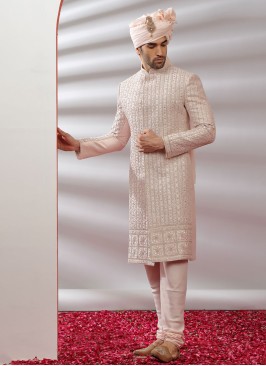 Peach Wedding Wear Sherwani For Men