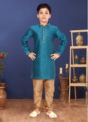 Peacock Blue And Golden Designer Kurta Pajama