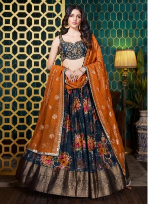 Peacock Blue And Orange Floral Printed Chiffon Lehenga Choli