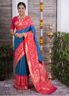 Peacock Blue And Pink Soft Silk Saree