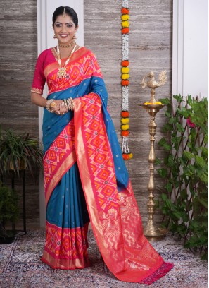 Peacock Blue And Pink Soft Silk Saree