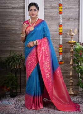 Peacock Blue And Rani Silk Saree