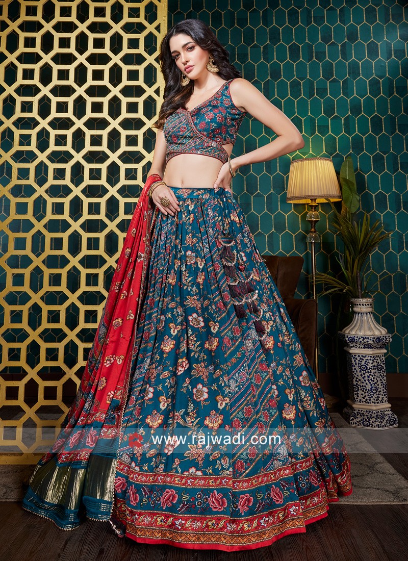 Peacock Blue And Red Silk Lehenga Choli