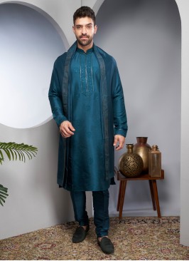 Peacock Blue Art Silk Kurta Set With Dupatta