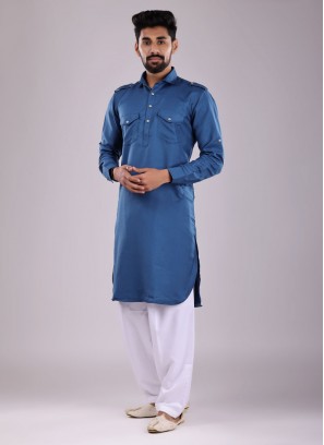 Peacock Blue Color Pathani Suit In Satin Fabric