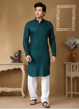 Peacock Blue Cotton Silk Pathani Suit