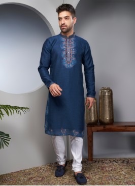 Peacock Blue Embroidered Art Silk Kurta Pajama