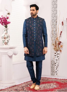 Peacock Blue Embroidered Indowestern In Jacquard Silk