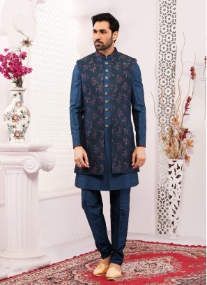 Peacock Blue Embroidered Indowestern In Jacquard Silk