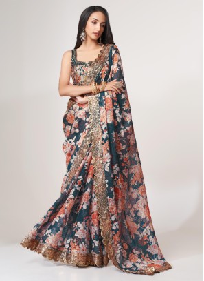 Peacock Blue Floral Printed Party Wear Saree