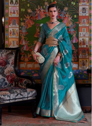 Peacock Blue Organza Saree With Handloom Weaving Work