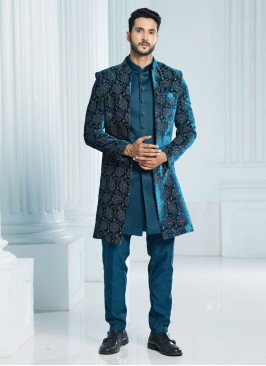 Peacock Blue Jacket Style Indowestern Set With Weaving Embroidery