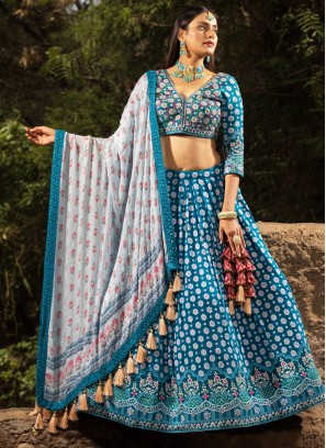 Peacock Blue Lehenga Choli Embellished With Resham & Mirror Accents