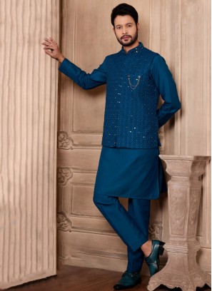 Peacock Blue Nehru Jacket Set With Embroidery Work