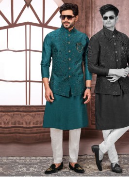 Peacock Blue Nehru Jacket Set With Thread Embroidery Work