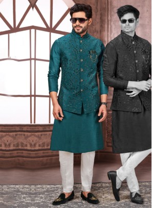 Peacock Blue Nehru Jacket Set With Thread Embroidery Work