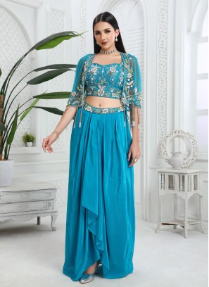 Peacock Blue Pleated Lehenga Choli with Embroidered Fringed Cape