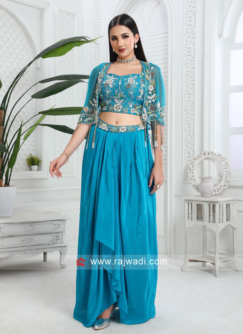 Buy Women Light Blue Lehenga With Peplum Top And Attached Mesh Cape (Set Of  2) - Leheng & Skirt - Indya