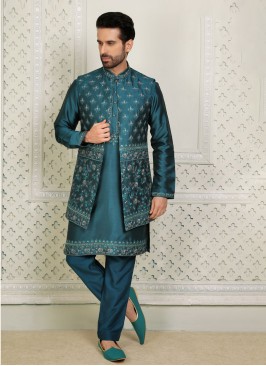 Peacock Blue Readymade Embroidered Indowestern