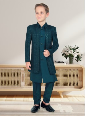 Peacock Blue Readymade Embroidered Indowestern