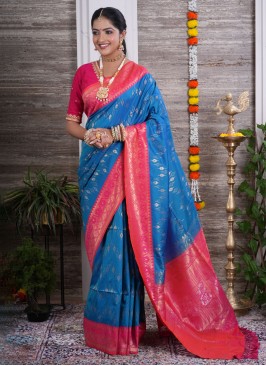 Peacock Blue Silk Wedding Wear Saree