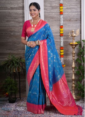 Peacock Blue Silk Wedding Wear Saree