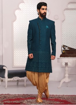 Peacock Blue Thread Embroidered Dhoti Style Sherwani