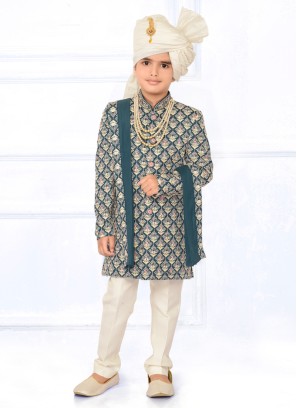 Peacock Blue Thread Embroidered Sherwani With Dupatta