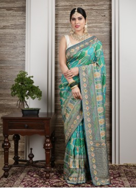 Peacock Green Geogeometric Banarasi Silk Saree