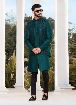 Peacock Green Indowestern With Designer Jacket