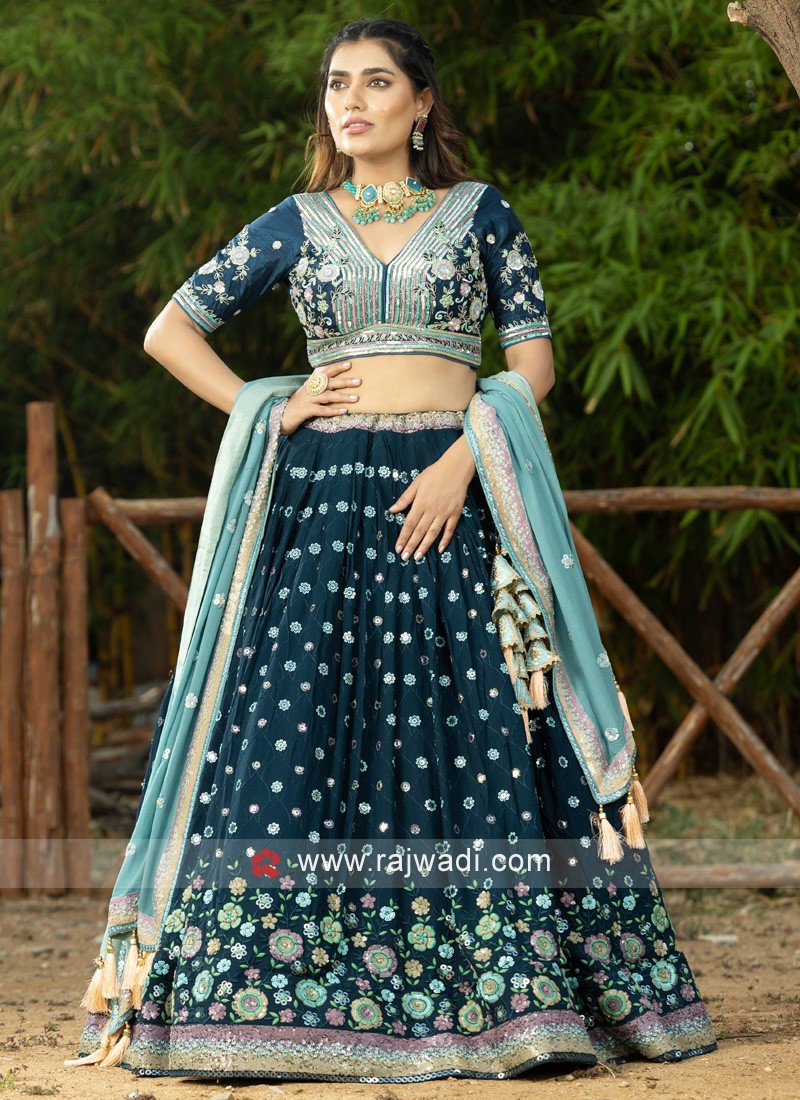 Teal Blue Hand Work, Zari & Sequins Embroidery Work lehenga choli with