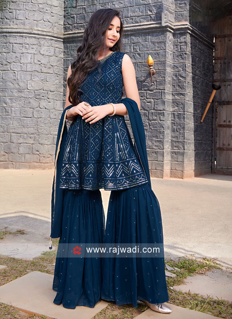 Buy Blue Cotton Printed Floral Patterns Notched Peplum Kurta Sharara Set  For Women by Pheeta Online at Aza Fashions.