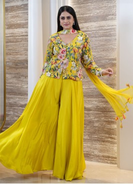 Yellow Palazzo Suit with Designer Short Kurti