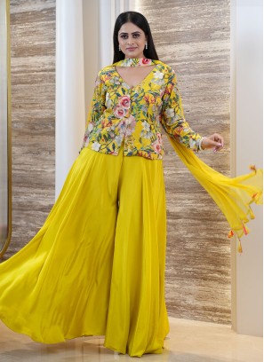 Mustard Yellow Georgette Palazzo Set With Long Jacket