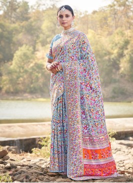 Powder Blue Kashmiri Woven Classic Silk Saree
