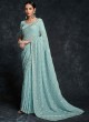Designer Aqua Blue Sequins Embellished Georgette Saree