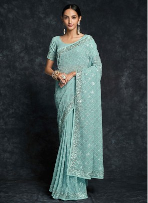 Designer Aqua Blue Sequins Embellished Georgette Saree