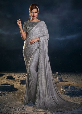 Shimmering Grey Silk Designer Saree