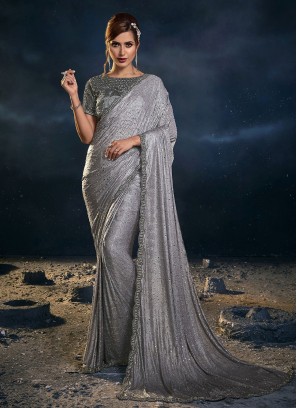 Shimmering Grey Silk Designer Saree