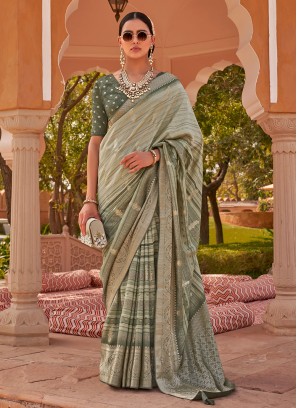 Shaded Sea Green Digital Printed Kachhi Silk Saree