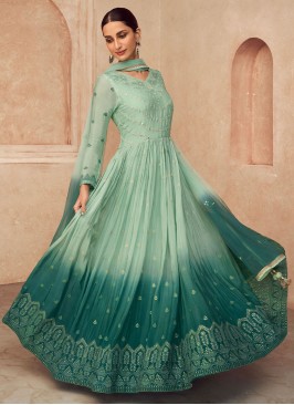 Two Toned Green Embroidered Chinon and Georgette Anarkali Set