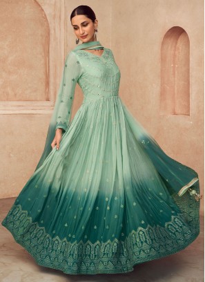 Two Toned Green Embroidered Chinon and Georgette Anarkali Set