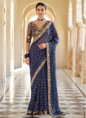 Picturesque Sequins Navy Blue Organza Classic Saree