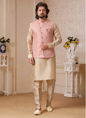 Pink And Cream Jacquard Nehru Jacket Set