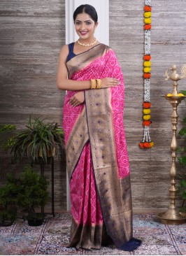 Pink And Navy Blue Soft Silk Trendy Saree